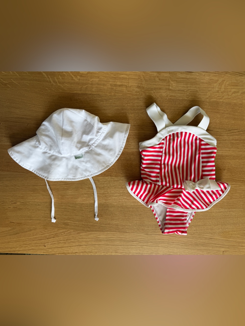 Red & White Stripe Ruffled Swimsuit with White Sun Hat - 18 Months Old